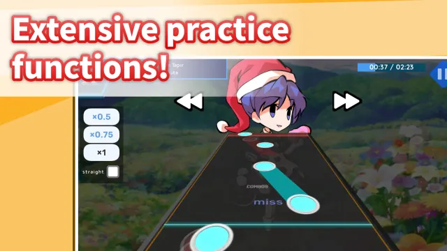 Practice mode screen: "Extensive practice functions!"